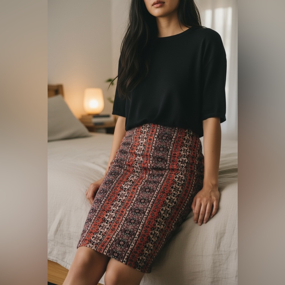 NEW•L•RED BOHO CHC TRIBAL PENCIL SKIRT